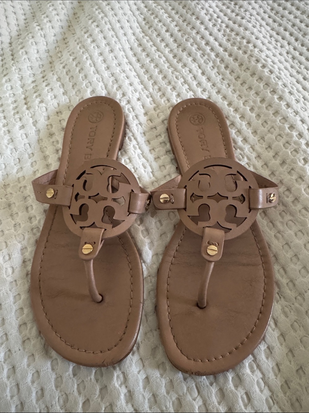 Tory Burch Tan Miller Logo Thong Sandals with Gold Accents
